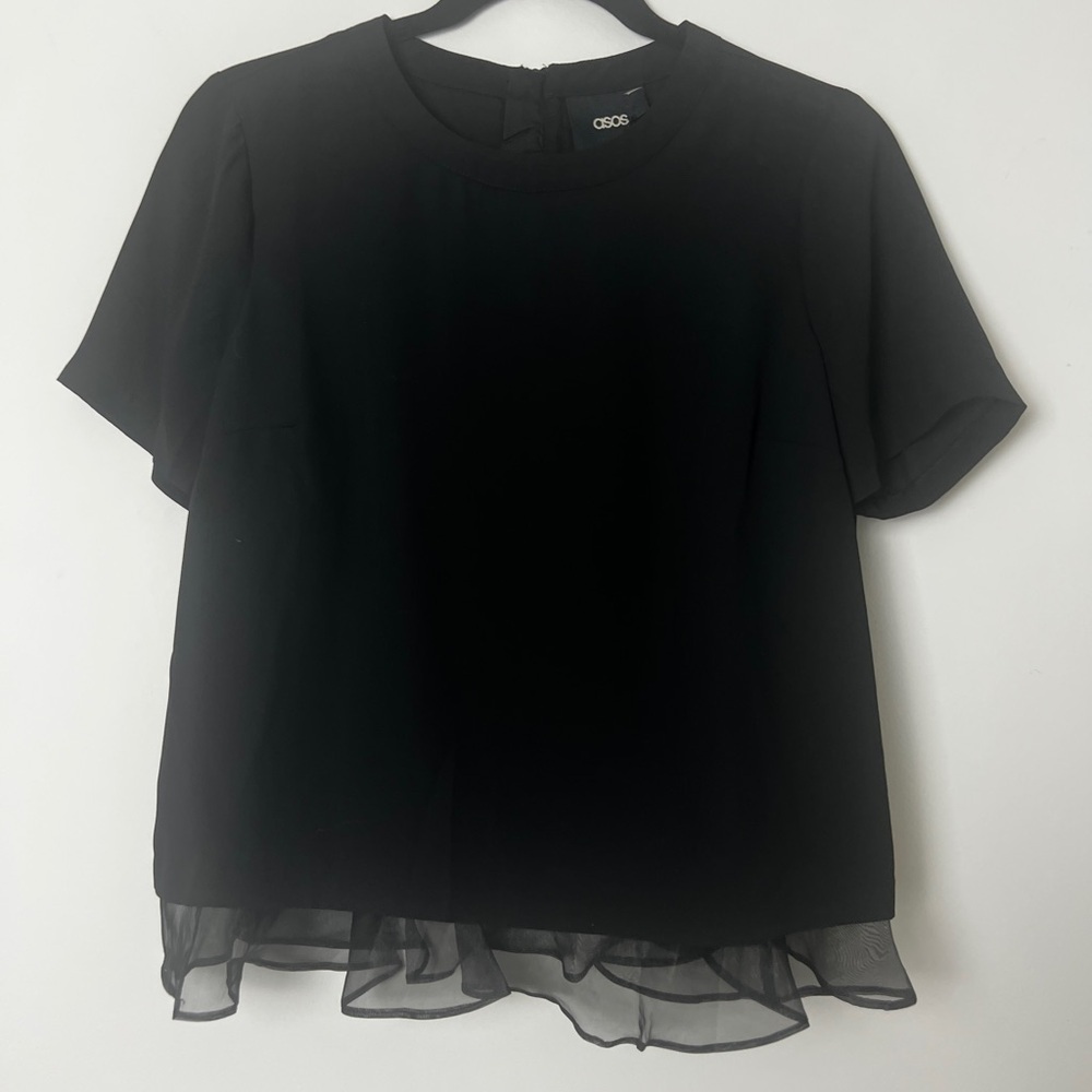 NEW ASOS Black Chiffon Ruffle Hem Short Sleeve‎ Feminine Blouse Top US 4